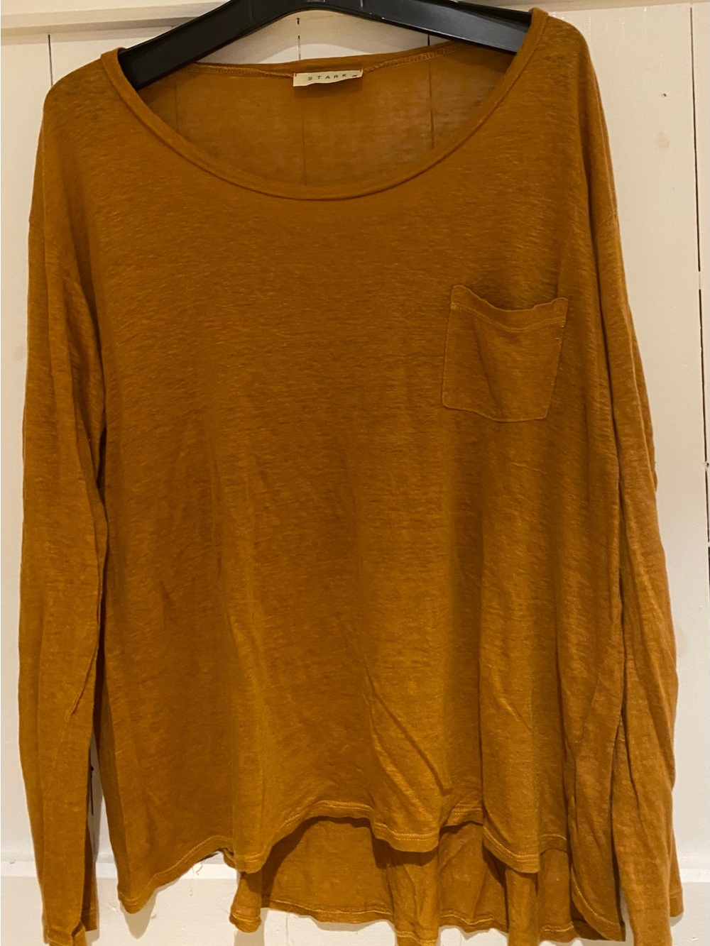 STARKx Linen Long Sleeve Pocket Tee Made in US Rust Brown Top Shirt sz